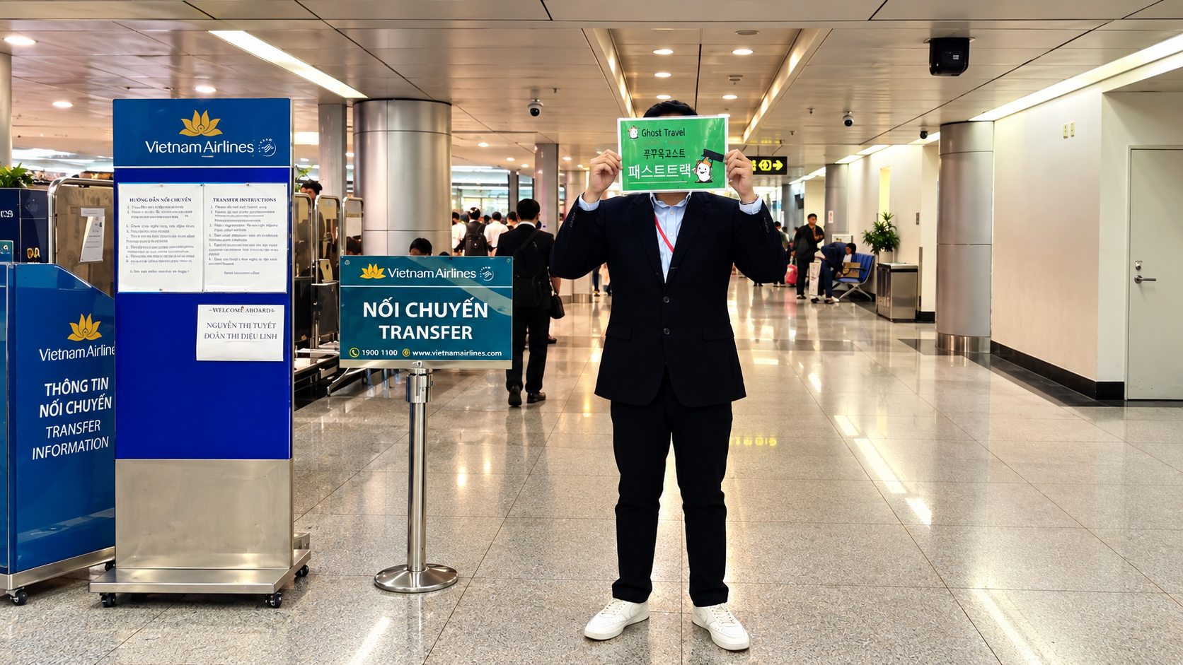 공항 환승 안내 부스와 직원